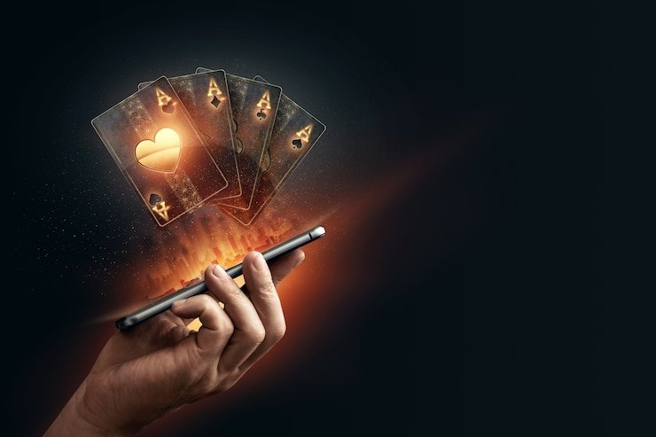 Seorang pemain menikmati permainan sports betting dengan smartphone di sebuah ruangan dengan pencahayaan gelap